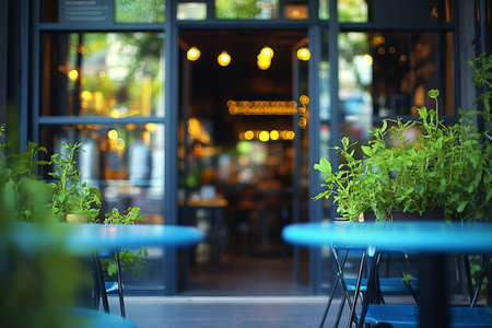 Charming urban coffee shop entrance with mannequins, green plants, and sunset light atmosphereの写真素材