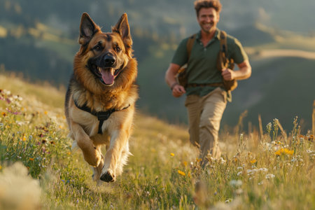 Joyful german shepherd running with its owner on a grassy hillside surrounded by wildflowers