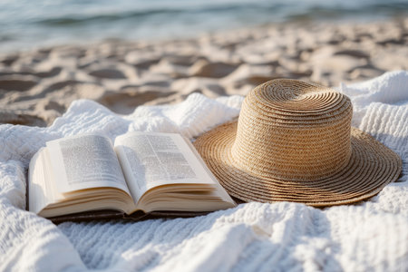 Relaxing summer vibes straw hat and open book on white linen blanket at the beachの写真素材