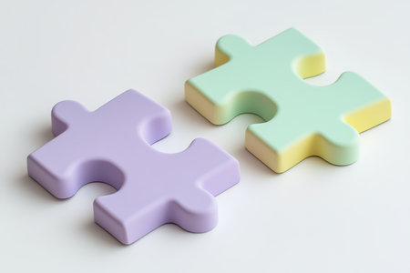 Minimalistic 3d icon set featuring pastel puzzle pieces in yellow, green, and purple on whiteの写真素材