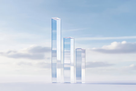 Minimalistic 3d glass bar graph against clear sky background with soft shadows and white paletteの写真素材