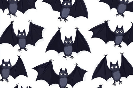 Seamless vector illustration of black bats on white background in minimalistic cartoon styleの写真素材