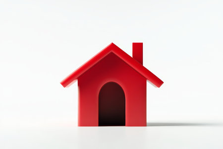 Minimalist house logo with red roof and white background in 3d rendered vector styleの写真素材