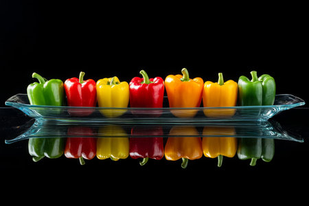 Elegant display of colorful bell peppers in a glass dish against a neutral backgroundの写真素材