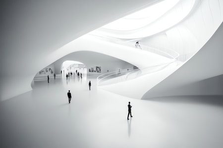 Modern minimalist art gallery interior with visitors in a blurred abstract backgroundの写真素材