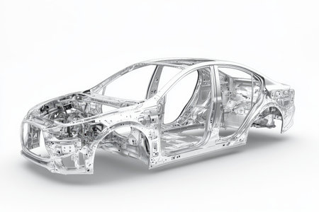 3d render of car frame with exposed structure on white background showing automotive designの写真素材