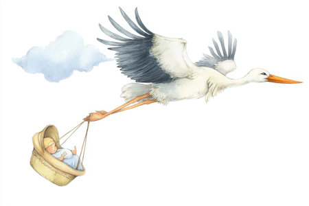 Charming watercolor illustration of a stork delivering a baby cradle for a children's bookの写真素材