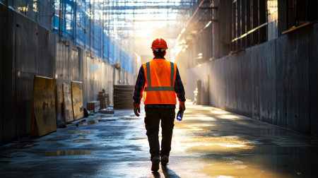 Construction worker navigating tunnel with flashlight dramatic wide angle photography