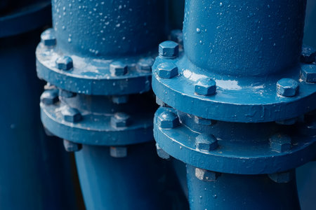 Close up view of blue water pipes and main artifacts at industrial park entrance with copy spaceの写真素材
