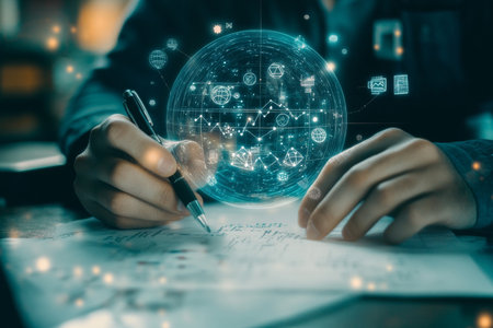 Businessman developing innovative ideas with a holographic sphere of science and technology iconsの写真素材
