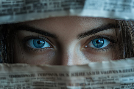 A woman s blue eyes gaze from behind a newspaper, captured in natural light with professional flair