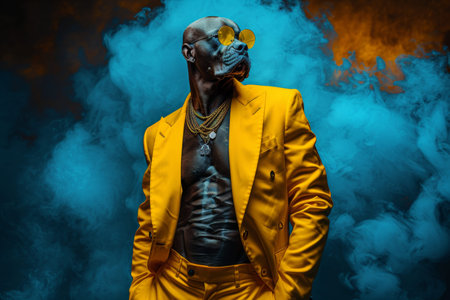 Man in a yellow three piece suit with dog s head on dark background surreal photography shot