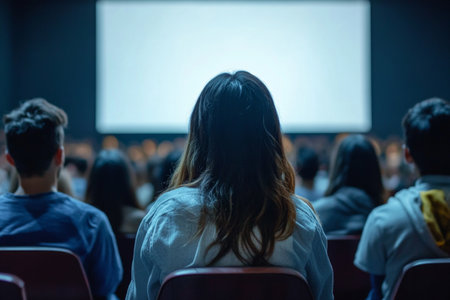 Audience engaged in a conference hall, focused on a blank screen during a business presentationの写真素材