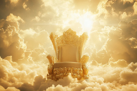 Majestic golden throne surrounded by heavenly clouds and radiant sunlight in photographyの写真素材