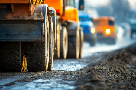Close up view of construction vehicles on the road with blurred background and equipment detailsの写真素材