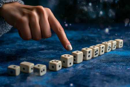 Hand pointing at falling dominoes symbolizing business concepts in arts and design on blue backdrop