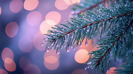 Stunning close up of pine branches with water drops and bokeh lights for holiday greeting cards