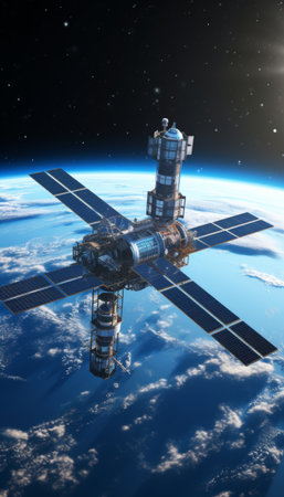 Photorealistic 3d rendering of a space station with solar panels orbiting the earth below.の写真素材