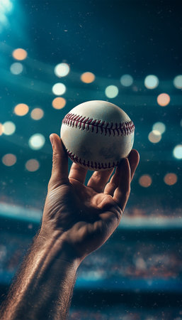 Baseball player with ball against stadium background, ideal for text placementの写真素材