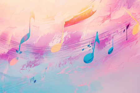 Colorful music staff with notes and treble clef for concert or festival promotion designの写真素材