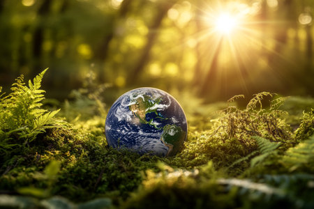 A serene sunrise over earth surrounded by lush green forests, moss, and ferns in nature s embraceの写真素材
