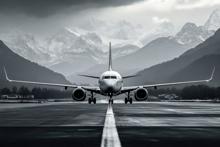 Dramatic black and white image of airplane on runway with mountains and sky in backgroundの写真素材