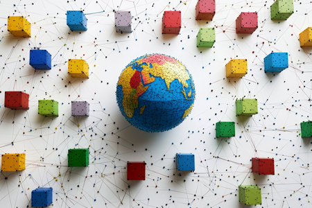 Colorful abstract earth surrounded by geometric cubes and network connections in low poly styleの写真素材
