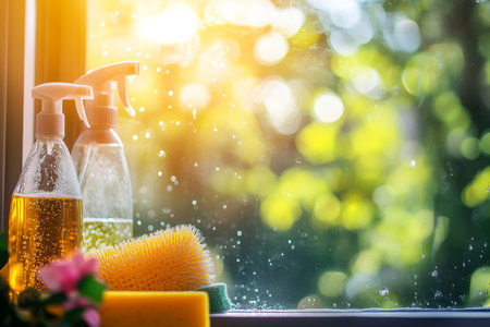 Bright and cheerful house cleaning scene with window cleaning supplies and sunlit backgroundの写真素材