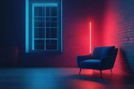 Minimalist interior design featuring blue armchair and neon accents in a dark living room settingの写真素材