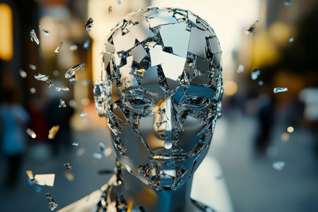 Cinematic close up of a humanoid robot crafted from shattered glass with urban reflectionsの写真素材