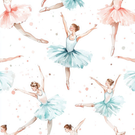 Elegant watercolor ballerinas in dance poses with pastel tutus and soft background dotsの写真素材