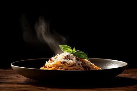 Close up shot of steaming spaghetti bolognese with parmesan and basil on dark table backgroundの写真素材