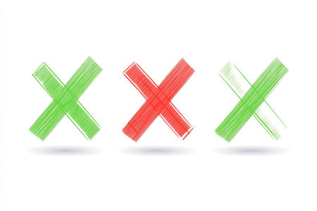 Vector designs featuring green checkmarks and red xs on white background in dribbble styleの写真素材
