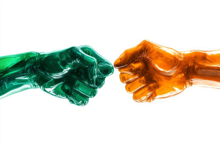 Colorful glass hands symbolizing india and france on white background