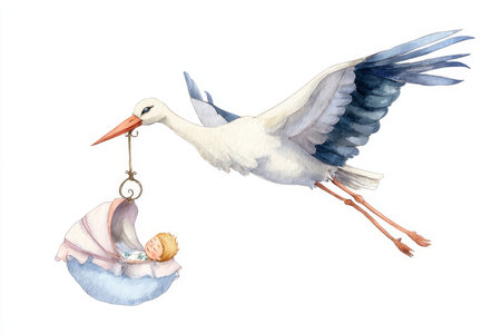 Whimsical stork carrying a newborn baby in a cradle charming watercolor illustration for kidsの写真素材