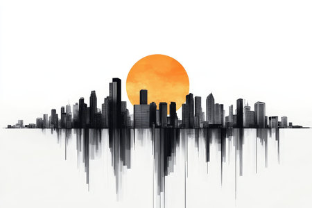 Abstract modern cityscape featuring geometric skyscrapers against an orange horizon at sunsetの写真素材