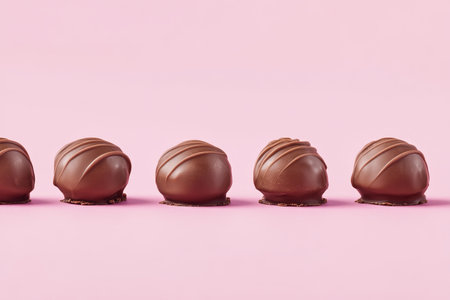 Elegant chocolate praline truffles artfully arranged on a soft pink background in studio shotの写真素材