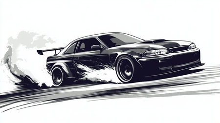 Black and white vector illustration of a jdm car drifting on track with tire smoke effectの写真素材