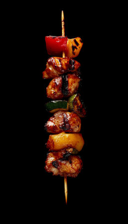 Top view of grilled chicken and vegetables on skewers with sauce against a black backgroundの写真素材