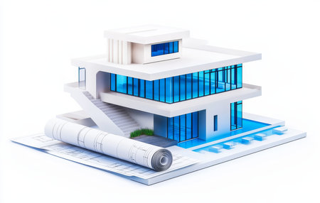 3d render of a contemporary building model with blue and white windows on architectural blueprintの写真素材