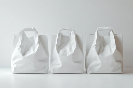Three hyper realistic white shopping bags displayed on a table with a clean white backgroundの写真素材