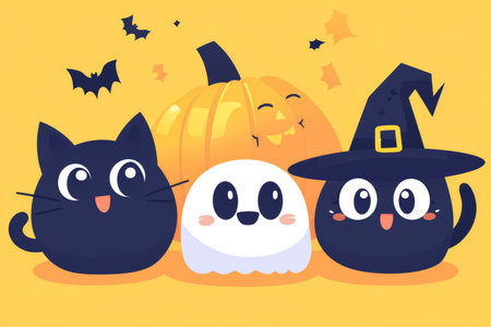 Charming halloween background featuring cartoon characters, pumpkins, ghosts, and witches hatsの写真素材