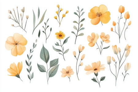 Charming hand drawn vector illustration of pastel yellow and peach wildflowers on white backgroundの写真素材