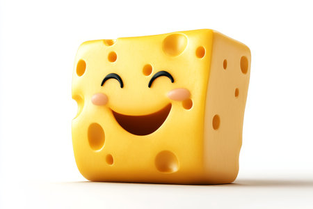 Cheerful cartoon cheese character in 3d render, isolated on white background for fun imageryの写真素材