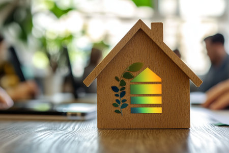 Wooden house model with energy label and leaf gradient in a blurred modern office settingの写真素材