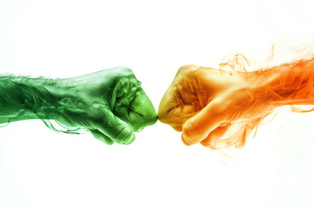 Symbolizing international conflict clashing hands in Indian and Chinese colors with smoke on white