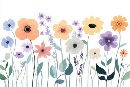 Minimalist illustration of wildflowers in soft pastel colors with elegant shapes and green stemsの写真素材