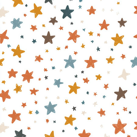 Whimsical seamless pattern of hand drawn stars in soft muted colors on white backgroundの写真素材