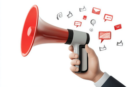 Character with smartphone and megaphone engaging in online marketing and promotionの写真素材