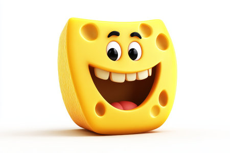 3d cartoon cheese character with a humorous expression smiling against a white backgroundの写真素材